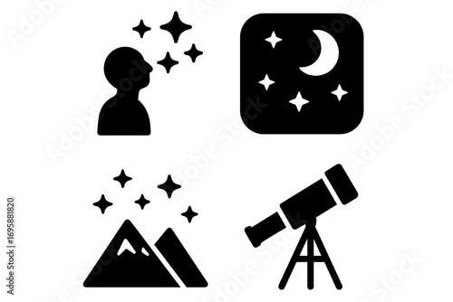 Astronomy and Stargazing Icons – Telescope, Stars, Moon