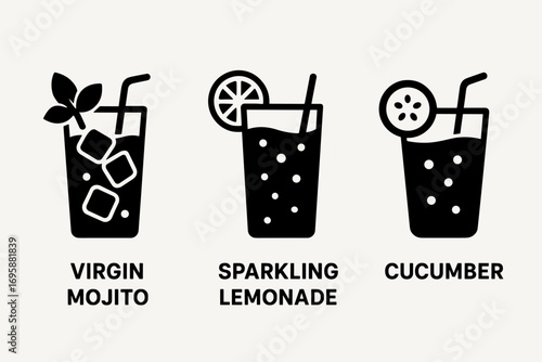 Non-Alcoholic Mocktail Icons Set – Virgin Mojito, Lemonade and Cucumber Drink