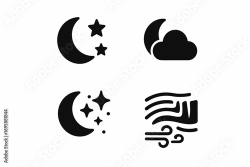Moon and Night Sky Icons Set – Stars, Clouds and Atmospheric Symbols