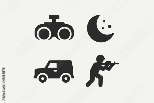 Military Operation Icons Set – Soldier, Vehicle, Night Vision and Recon