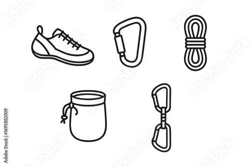Rock Climbing Icons Set – Rope, Carabiner, Shoes and Chalk Bag