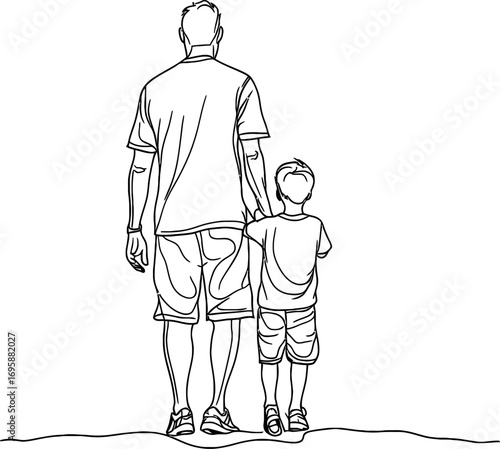 A minimalist design depicts a father and son walking together in a simple line drawing, with the happy young father holding his son and sharing stories along the way, as the dad strolls with the