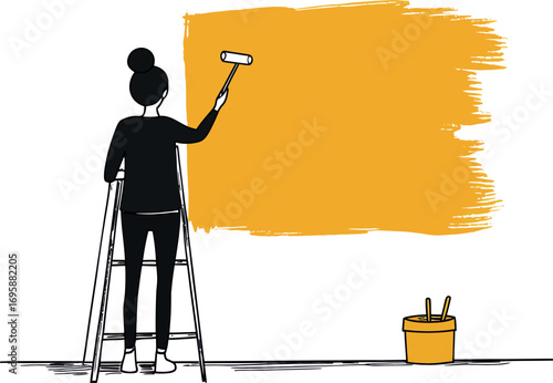 A solitary illustration of a youthful and attractive handyman applying paint to a house wall with a roller, symbolizing painter wall renovation and home renovation services in a modern style