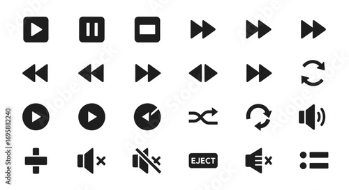 A collection of black media player icons, including play, pause, stop, fast forward, rewind, shuffle, repeat, and volume controls.