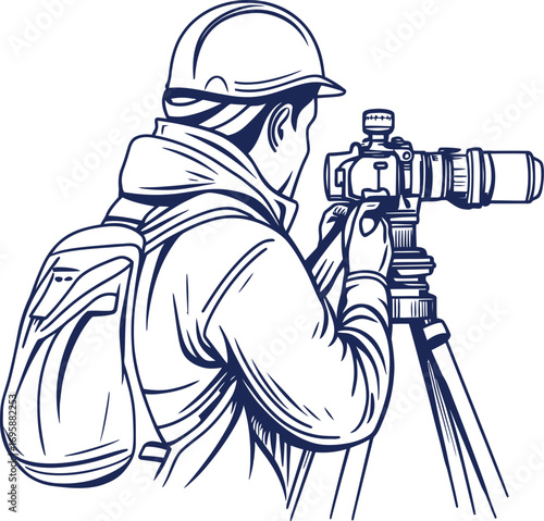 A continuous line drawing depicts a young construction worker utilizing a land measuring instrument, donning a helmet and uniform while measuring soil, embodying the concept of a building constructor