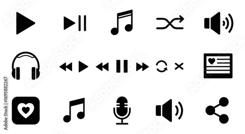 Collection of black and white music player icons, including play, pause, next, previous, volume, headphones, and sharing.
