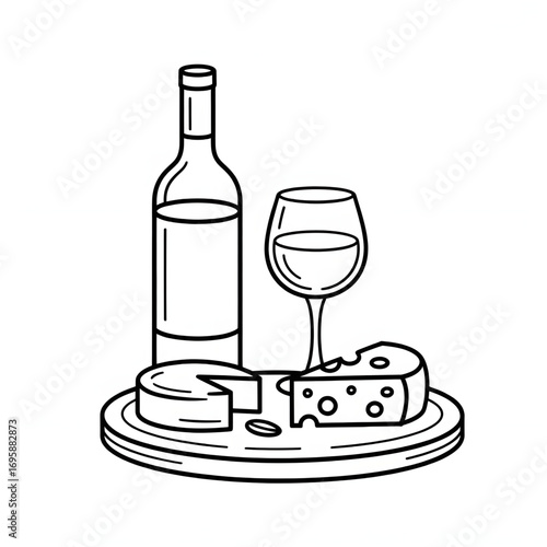 Wine and Cheese Platter Illustration | Bottle, Glass, Gourmet Cheese, Food Pairing, Elegant Dining, Beverage, Snack, Party, Vineyard, Fine Food Illustration Vector Coloring Page