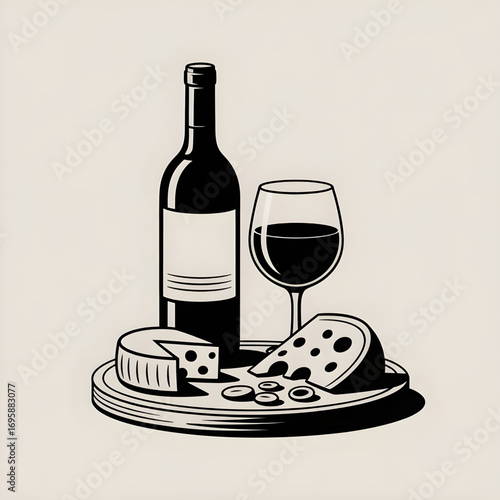 Wine and Cheese Illustration | Bottle, Glass, Assorted Cheeses, Party, Gourmet, Drinking, Food Pairing, Elegant Dining, Beverage, Snack Illustration Vector