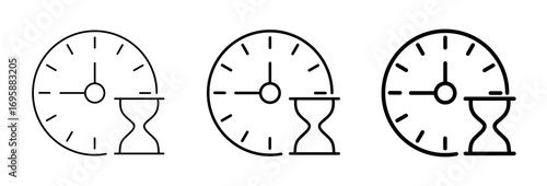 simple clock and hourglass line icons isolated on transparent background, minimal time management vector symbols for deadline, urgency, countdown, and schedule