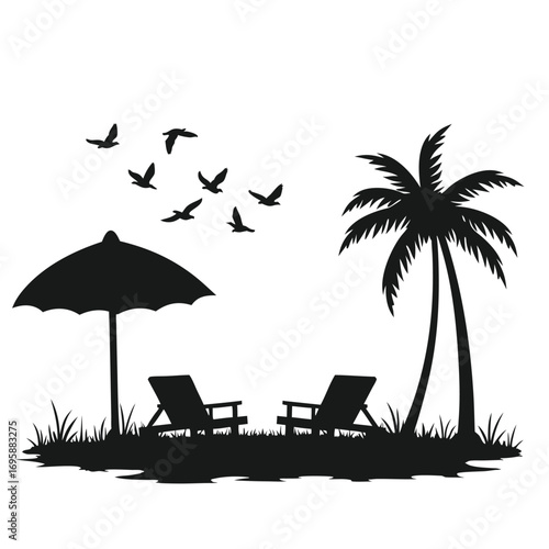 Beach chairs and umbrella silhouette with palm tree and birds Keywords: beach, vacation, summer