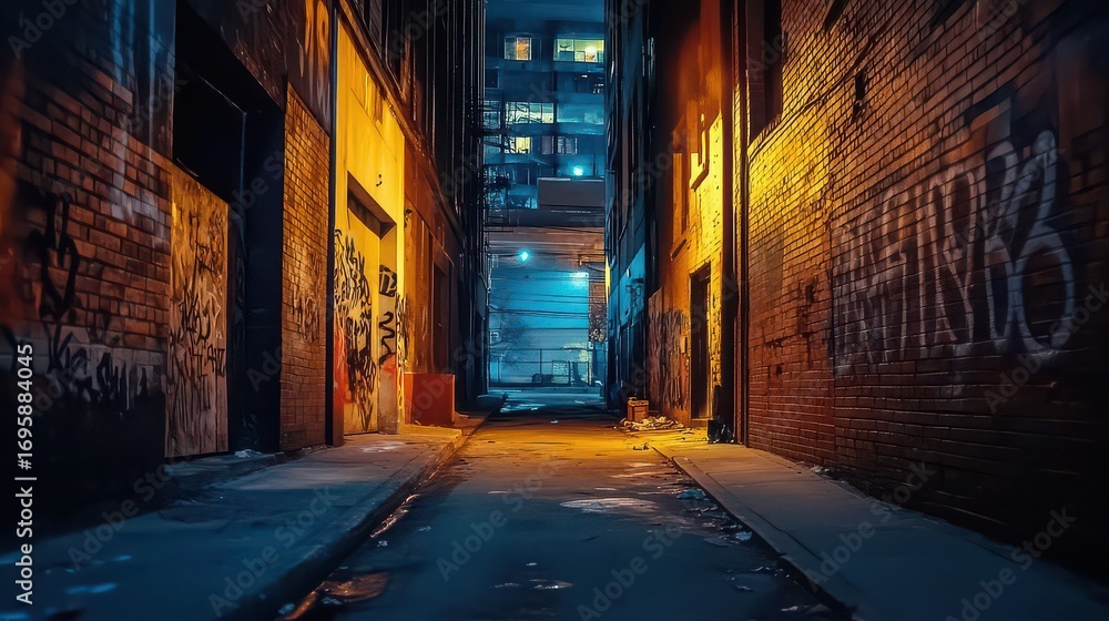 Fototapeta premium Moody urban alleyway at night with graffiti art and dim lighting creating a cinematic atmosphere