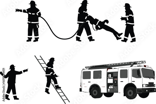 Firefighter silhouette vector, rescue operation, fire truck, emergency response, ladder climbing, hose handling, fireman action, black icons, safety illustration