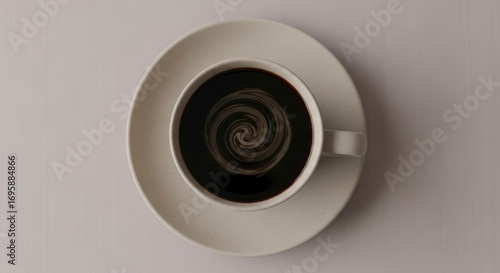 Minimalist overhead shot of a coffee cup with a mesmerizing cream swirl, creating an abstract and calming visual. Ideal for morning routines or coffee break concepts.