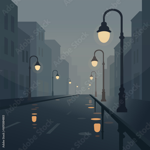 Vector illustration of an empty city street at night with glowing lanterns and reflections on wet asphalt. Perfect for urban design, backgrounds, and atmospheric projects.