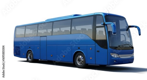 A modern blue coach bus stands isolated on a clean white background, showcasing its sleek design and readiness for passenger transport and travel.