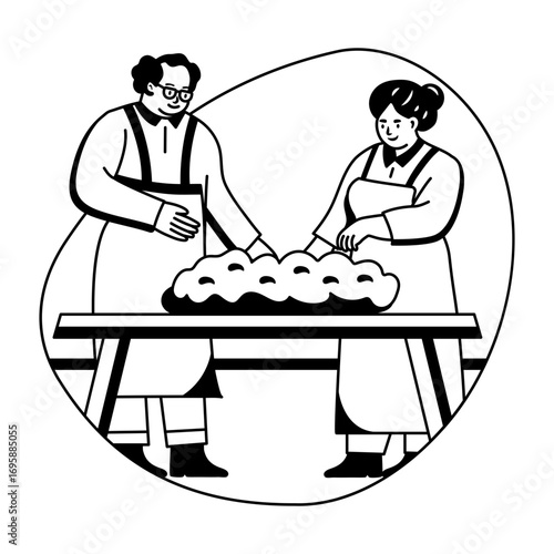 Two character making break on easter, glyph illustration 