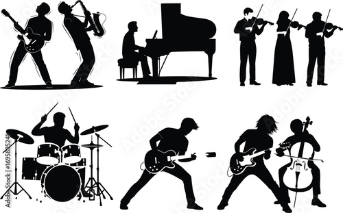 Musician silhouettes, jazz band, classical ensemble, rock performance, piano player, drummer, guitarist, cellist, saxophone solo, vector illustration, music concept, editable
