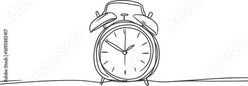A minimalist illustration of a modern alarm clock is depicted in a simple line drawing isolated on a white background
