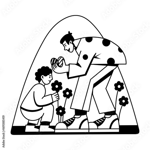 Two characters doing easter fun, glyph style illustration 