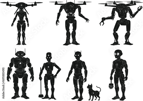 Robot silhouette vector, humanoid machines, drone robots, cleaning bot, robotic pet, futuristic design, black icons, AI companion, combat robot, tech illustration