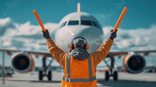 A ground crew member directs an aircraft on the runway, wearing safety gear and using orange wands, set against a vibrant sky.