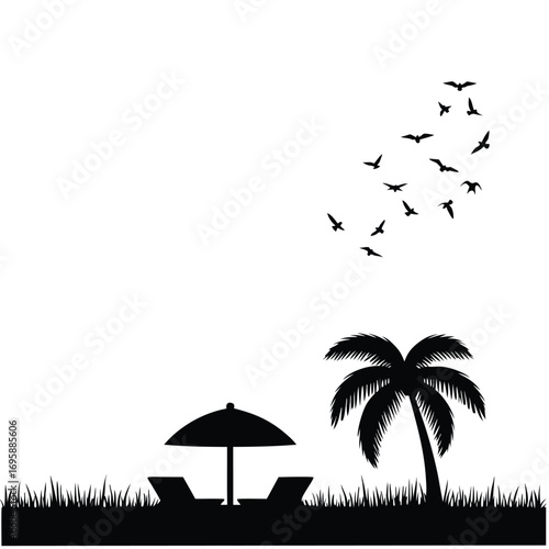 Beach umbrella and palm tree silhouette with flock of birds Keywords: beach, tropical, palm tree
