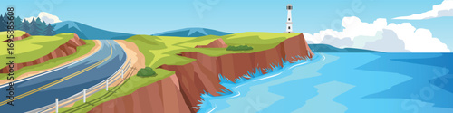 Curvy asphalt road leading to the destination ahead. Cliffside road with ocean views. Lighthouse standing tall at the tip of the cliff. Nature background under blue sky for banner.