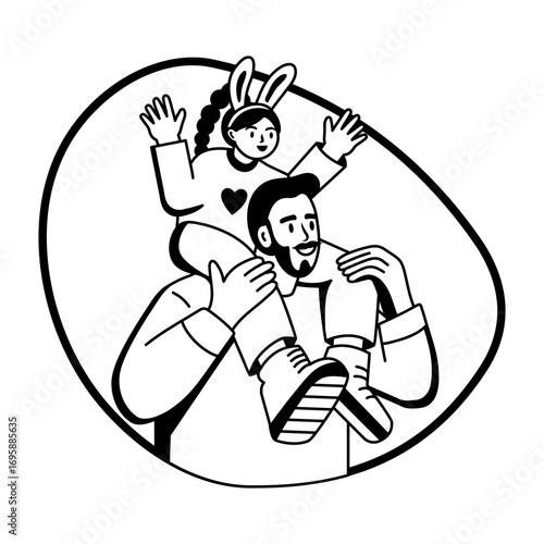 Father daughter playing on easter, glyph style illustration 