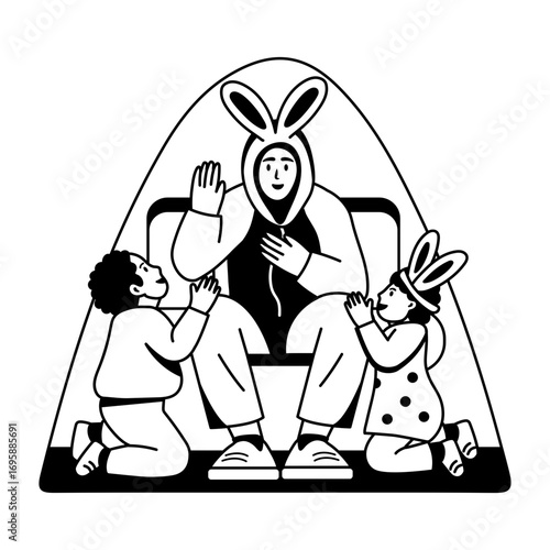 A family enjoying easter event, glyph style illustration 