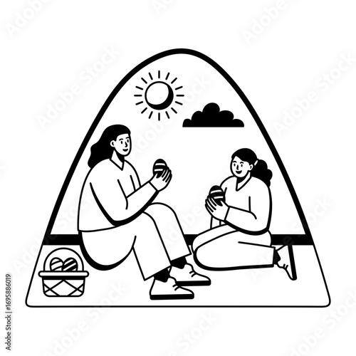 Glyph illustration showing two character enjoying easter picnic 