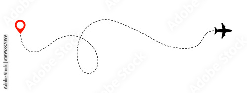 Travel route from a red location pin to a plane icon with dashed line for journey or destination 