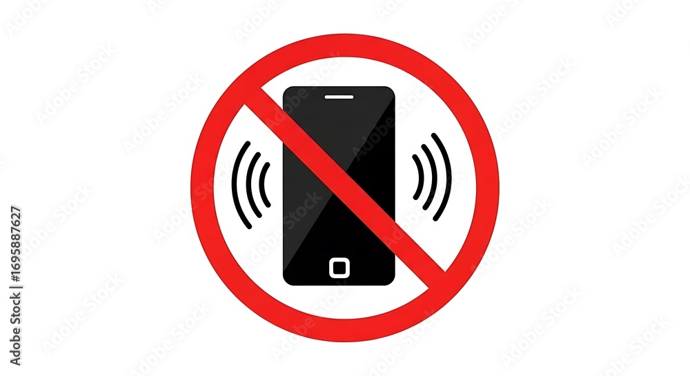 Red prohibition sign over a mobile phone ringing against white indicates silent mode required