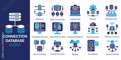 Connection Database icon set. Containing database, information, computer, data, connection, and more. Solid vector icons collection. Vector illustration.