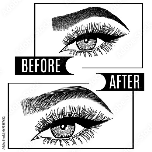 Illustration with woman's eyes, eyelashes and eyebrows. Makeup Look. Tattoo design. Logo for brow bar or lash salon. Before and after coloring care. Set of well-groomed and shaggy eyebrows.