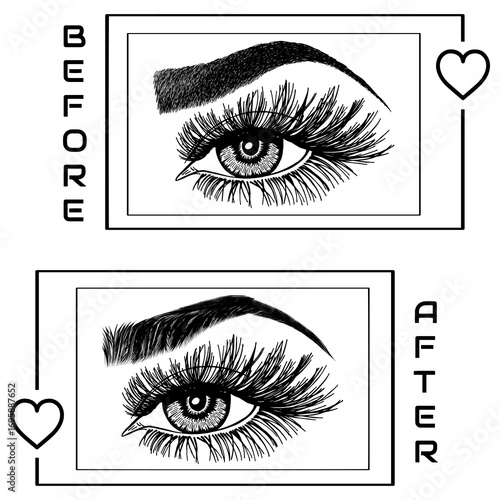 Illustration with woman's eyes, eyelashes and eyebrows. Makeup Look. Tattoo design. Logo for brow bar or lash salon. Before and after coloring care. Set of well-groomed and shaggy eyebrows.