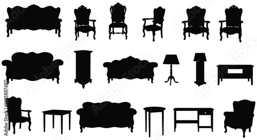 various silhouettes of chairs sofas tables and lamps displayed