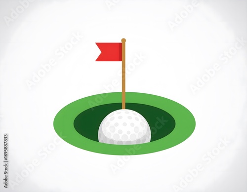 A golf ball is in the hole with a red flag on a wooden pole, set against a white background.