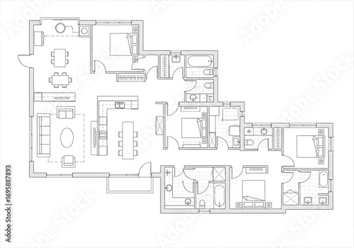 Modern spacious apartment floor plan with multiple bedrooms, bathrooms, and open living areas