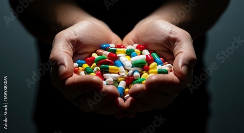 Wallpaper Mural Hands cupped, holding a large pile of colorful pharmaceutical pills and capsules against a dark background, symbolizing medicine, health, or addiction. Torontodigital.ca