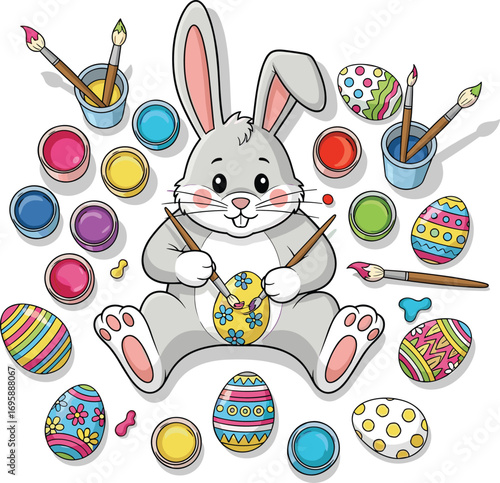 Cute easter bunny painting colorful eggs with brushes and paints
