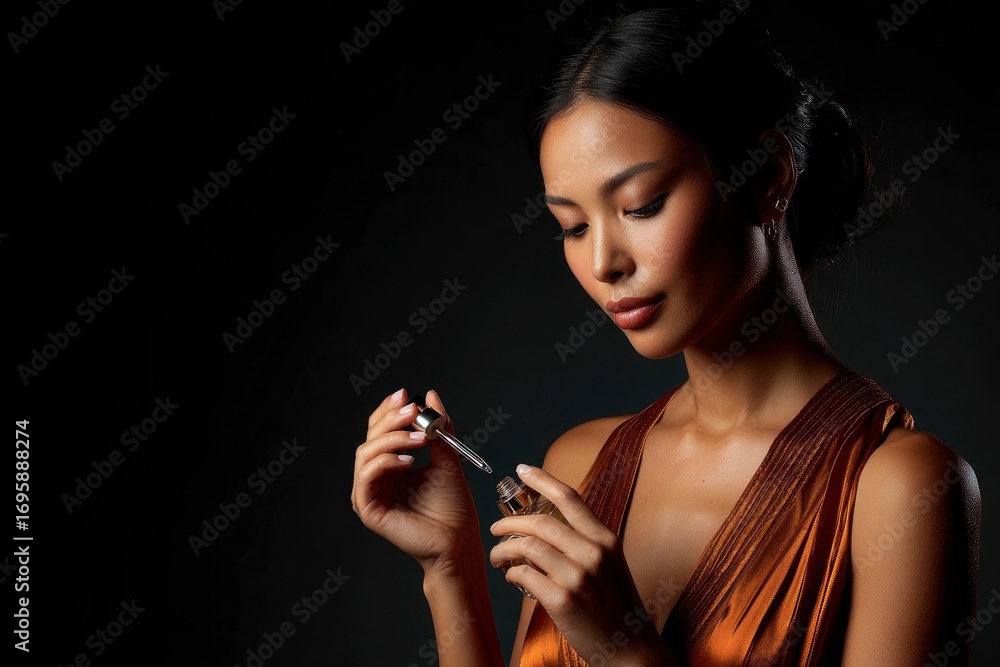 Obraz premium Woman with skin serum holding a glass bottle and a dropper against a dark background