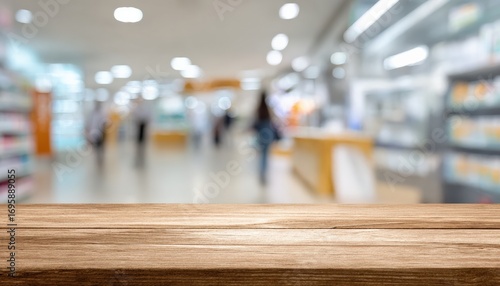 Wallpaper Mural Empty wooden table top positioned against a blurred supermarket background, perfect for showcasing products and creating engaging displays Torontodigital.ca