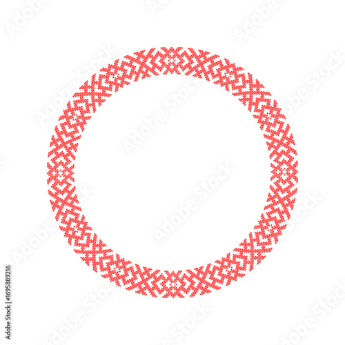 Traditional Ukrainian Embroidery Round Frame – Folk Cross-Stitch Pattern Circle Border in Red and white, Ethnic Ornament, Vector Design for Invitations, Cards, Posters, and Decorative Projects
