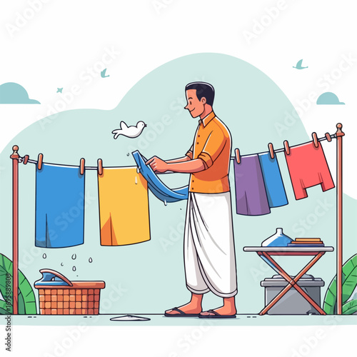 vector illustration of a person drying his clothes