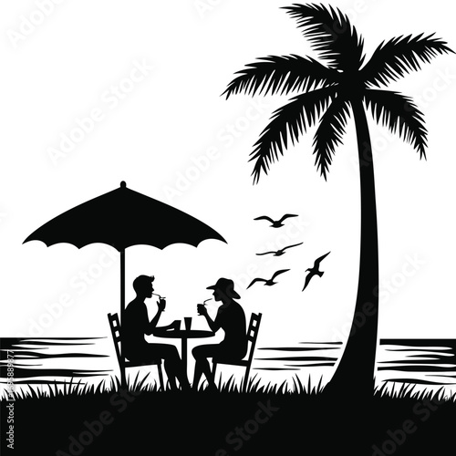 Couple enjoying drinks under palm tree on beach silhouette