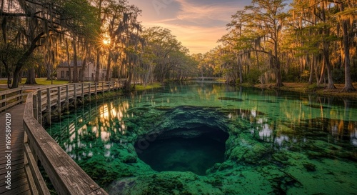 Enchanting natural spring with crystal-clear turquoise water revealing a sinkhole, framed by moss-laden trees and a wooden boardwalk under a golden sunset.