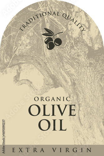 Vector design of olive or olive oil label with old olive tree and olives in vintage style. Logo, packaging design, sticker, banner. No AI used