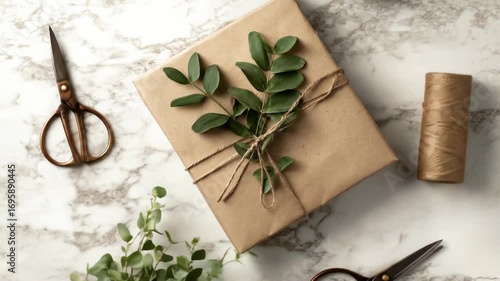 Wallpaper Mural Gifts wrapped in brown paper, twine, & greenery on marble, flat lay Torontodigital.ca