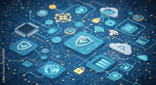 Cybersecurity concept with digital shield protecting network data and cloud.