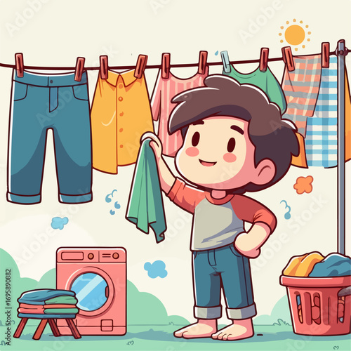 vector illustration of a person drying his clothes